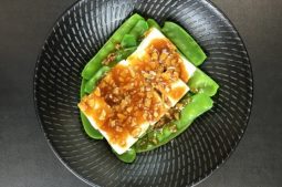 Steamed Tofu with Snow Pea Shoots and Oyster Sauce